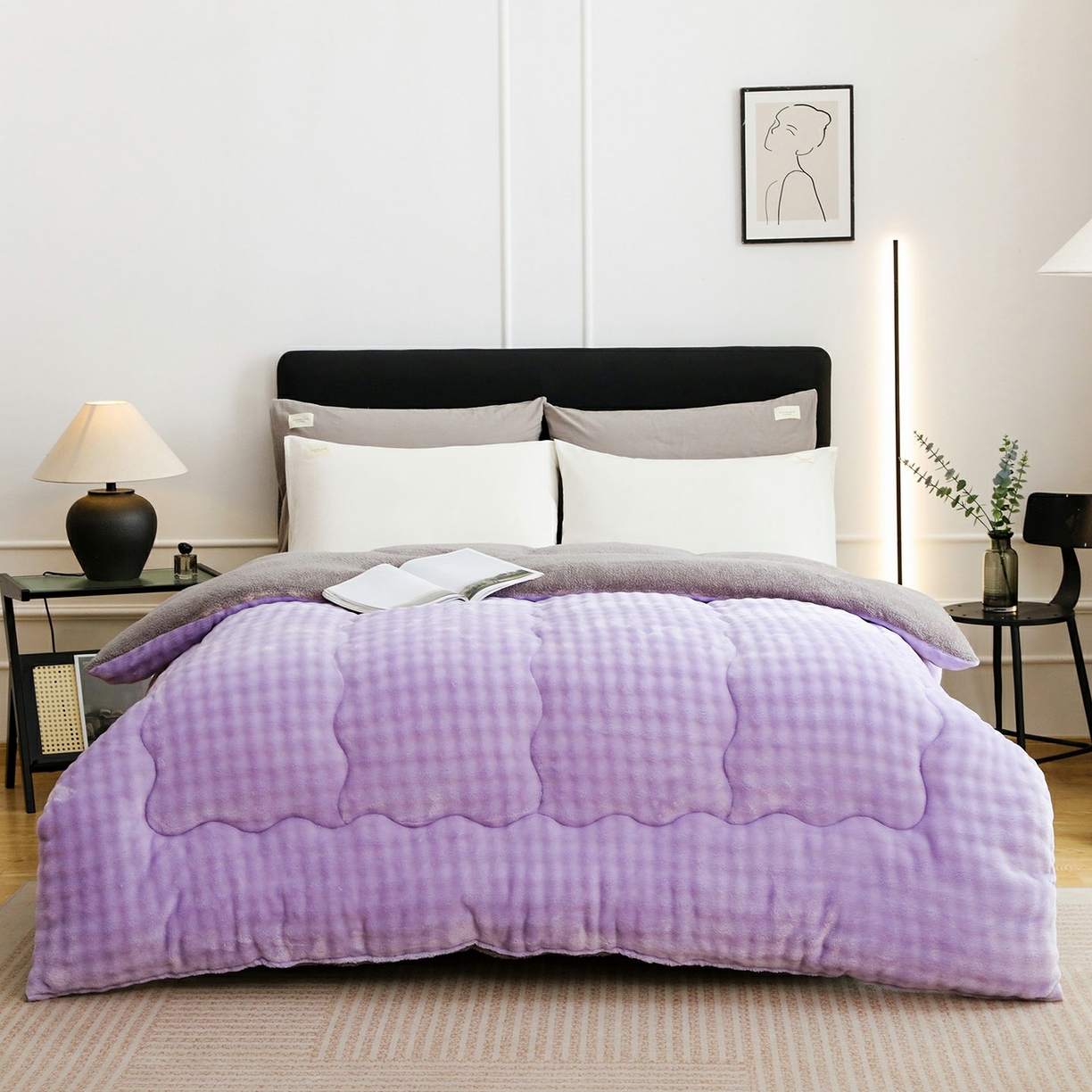 91家纺网 家纺一手货源 找家纺 爱微坊 2025新款兔毛牛奶绒加厚保暖冬被子被芯 加厚兔毛牛奶绒-紫拼灰