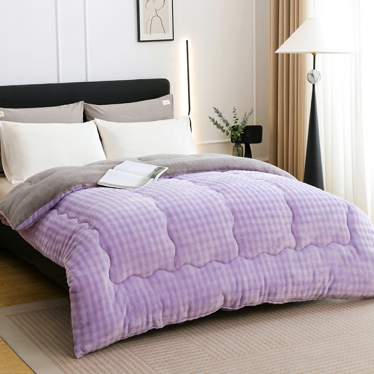 91家纺网 家纺一手货源 找家纺 爱微坊 2025新款兔毛牛奶绒加厚保暖冬被子被芯 加厚兔毛牛奶绒-紫拼灰