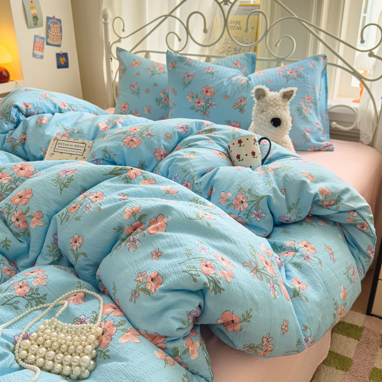 卡斯诺家纺馆 2025新款A类皱皱棉双层纱印花四件套 泡沫之夏