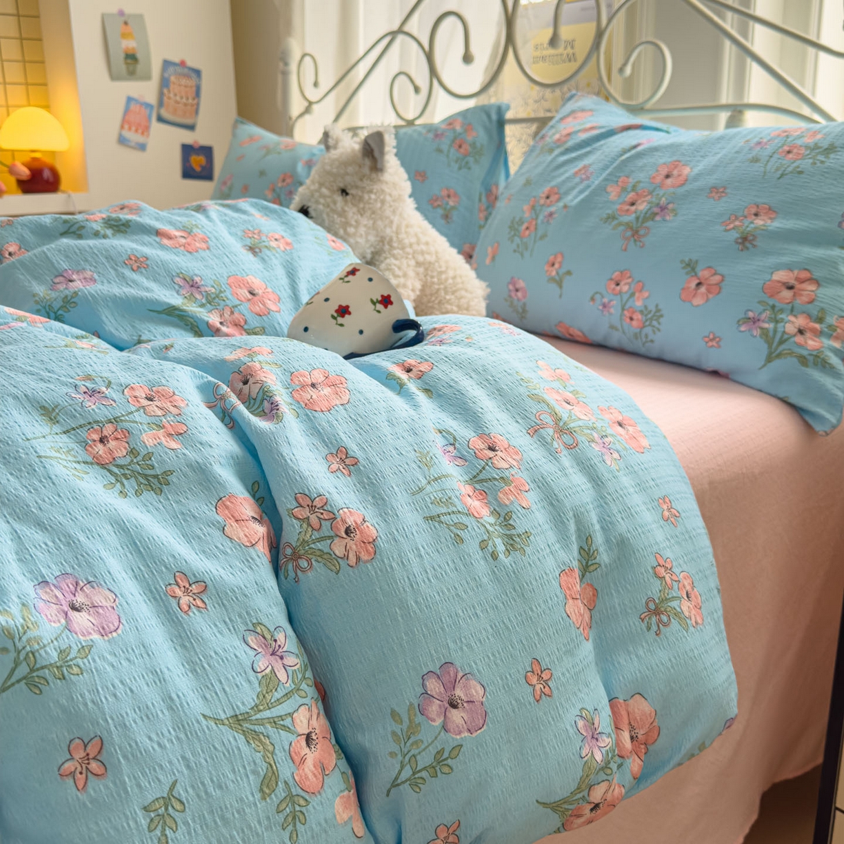 91家纺网 家纺一手货源 找家纺 卡斯诺家纺馆 2025新款A类皱皱棉双层纱印花四件套 泡沫之夏