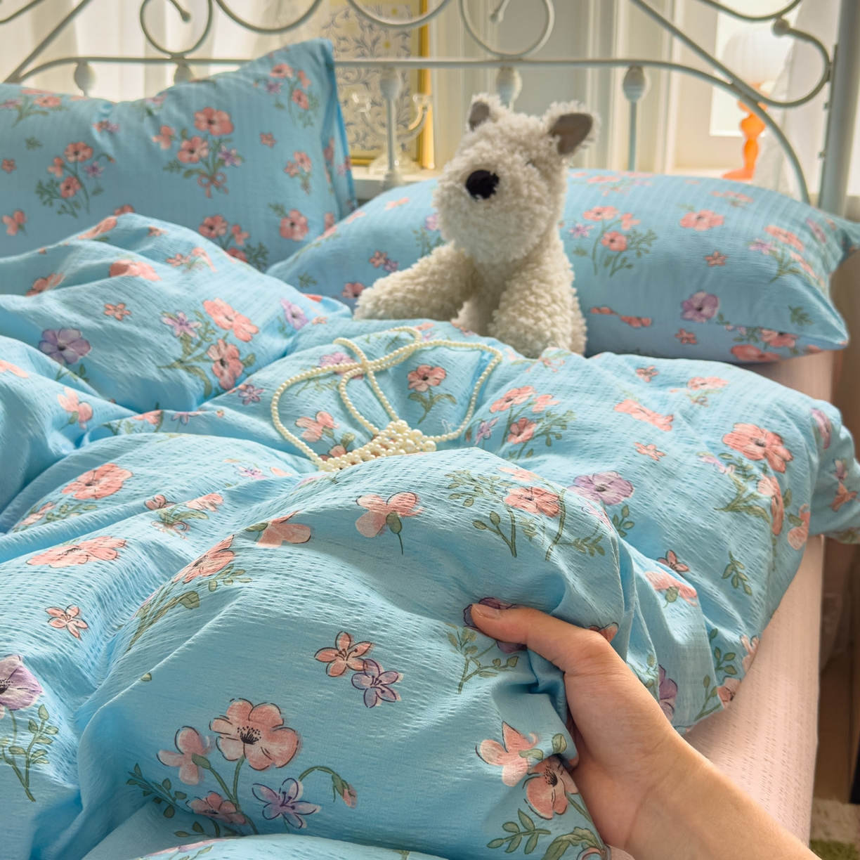 91家纺网 家纺一手货源 找家纺 卡斯诺家纺馆 2025新款A类皱皱棉双层纱印花四件套 泡沫之夏