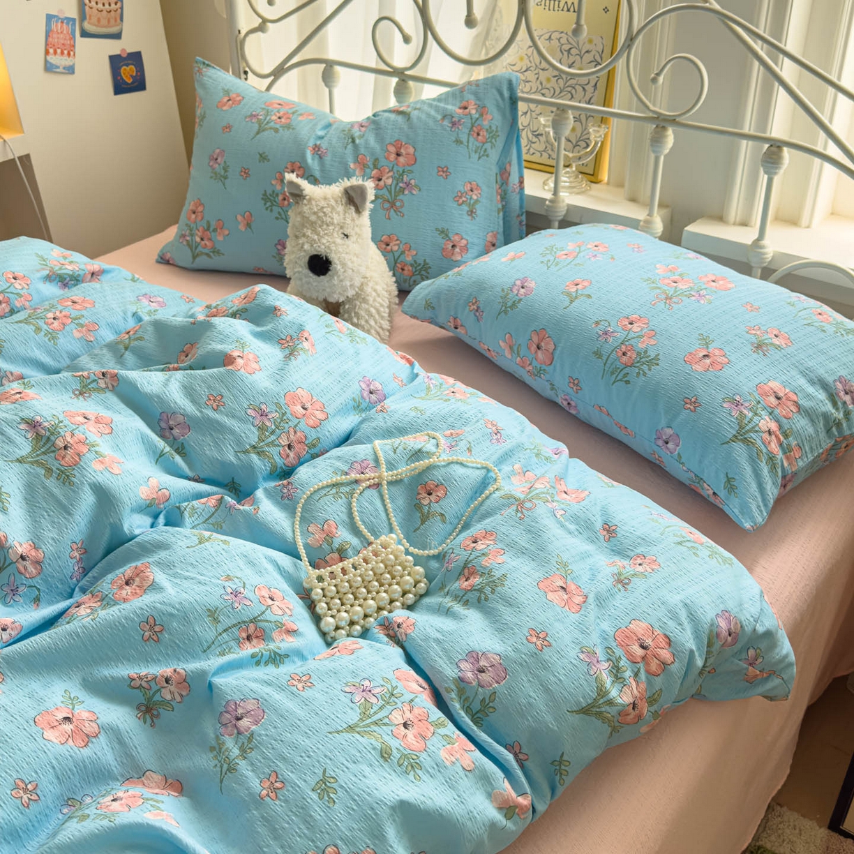 91家纺网 家纺一手货源 找家纺 卡斯诺家纺馆 2025新款A类皱皱棉双层纱印花四件套 泡沫之夏