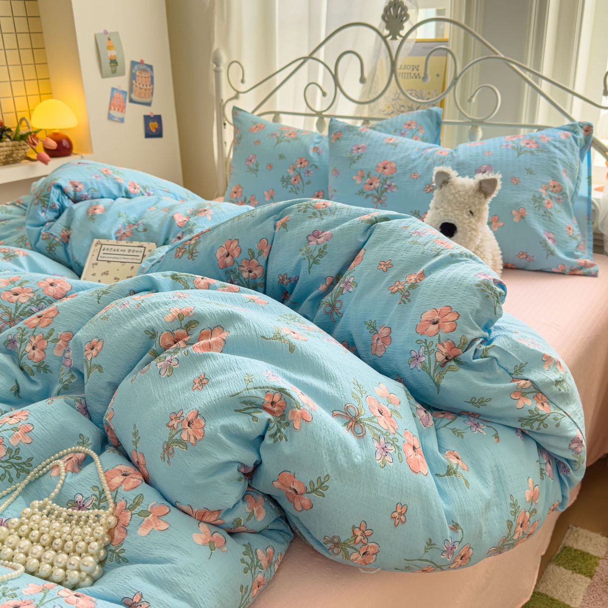 91家纺网 家纺一手货源 找家纺 卡斯诺家纺馆 2025新款A类皱皱棉双层纱印花四件套 泡沫之夏