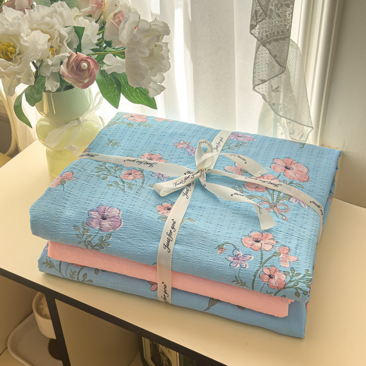 91家纺网 家纺一手货源 找家纺 卡斯诺家纺馆 2025新款A类皱皱棉双层纱印花四件套 泡沫之夏