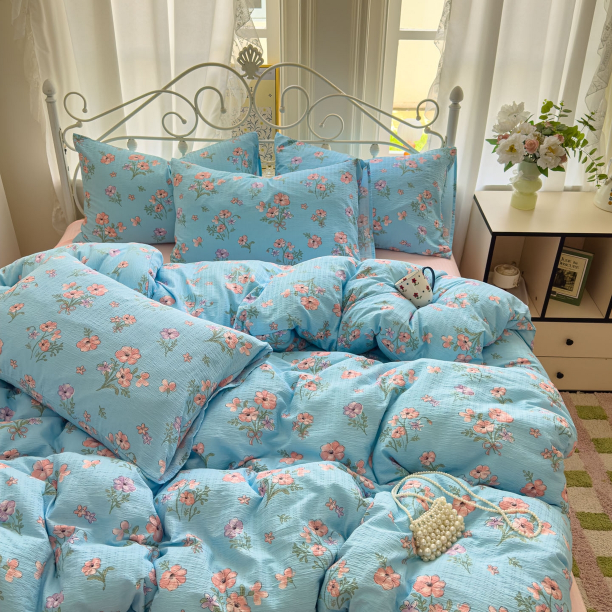 91家纺网 家纺一手货源 找家纺 卡斯诺家纺馆 2025新款A类皱皱棉双层纱印花四件套 泡沫之夏