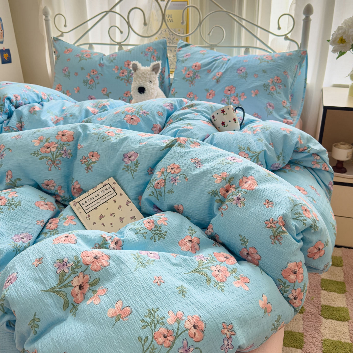 91家纺网 家纺一手货源 找家纺 卡斯诺家纺馆 2025新款A类皱皱棉双层纱印花四件套 泡沫之夏