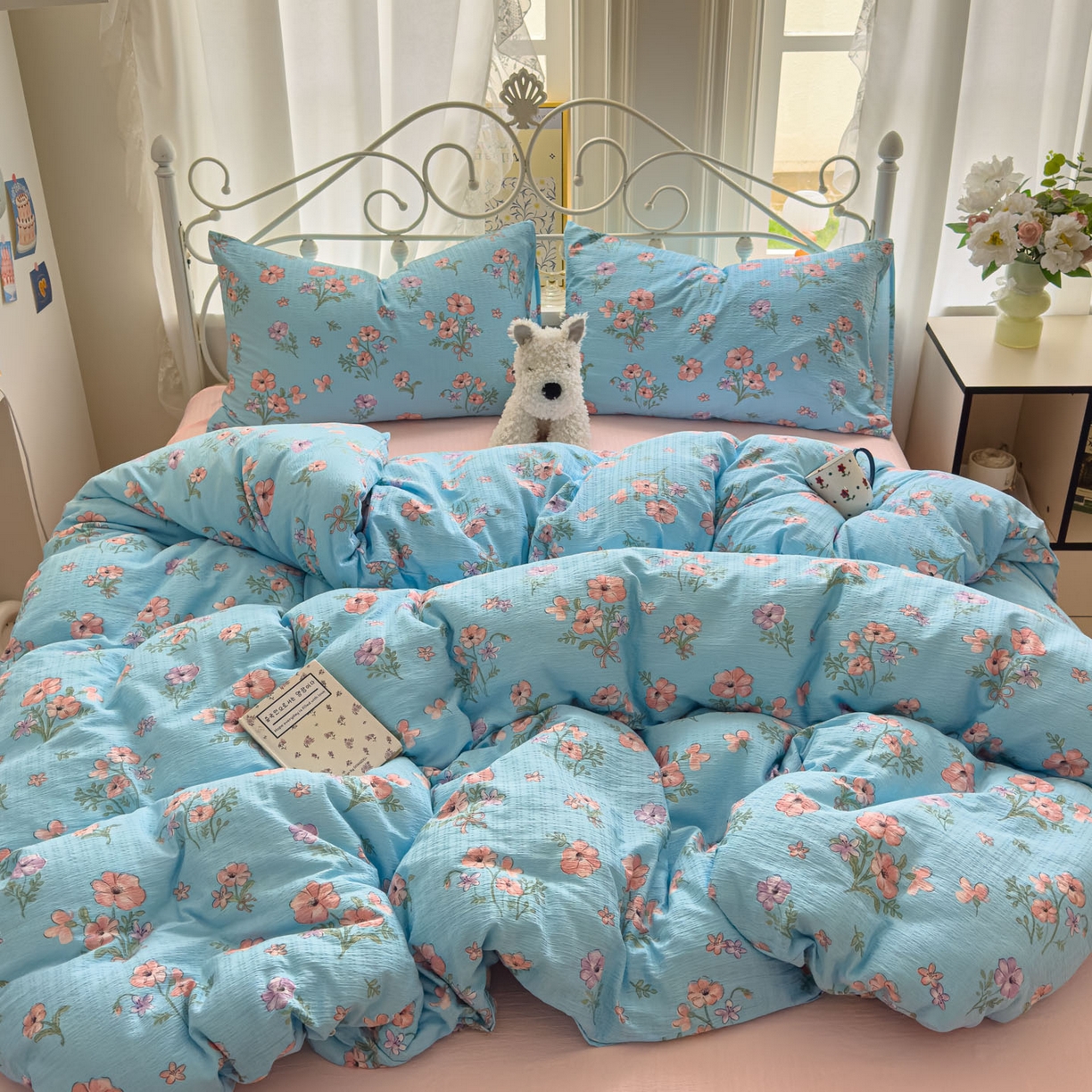 91家纺网 家纺一手货源 找家纺 卡斯诺家纺馆 2025新款A类皱皱棉双层纱印花四件套 泡沫之夏