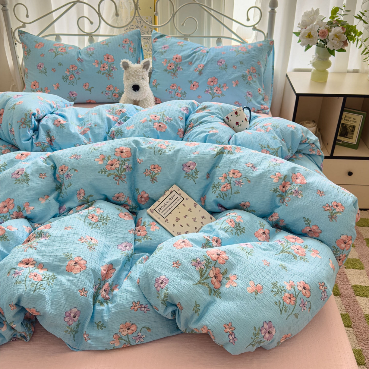 91家纺网 家纺一手货源 找家纺 卡斯诺家纺馆 2025新款A类皱皱棉双层纱印花四件套 泡沫之夏