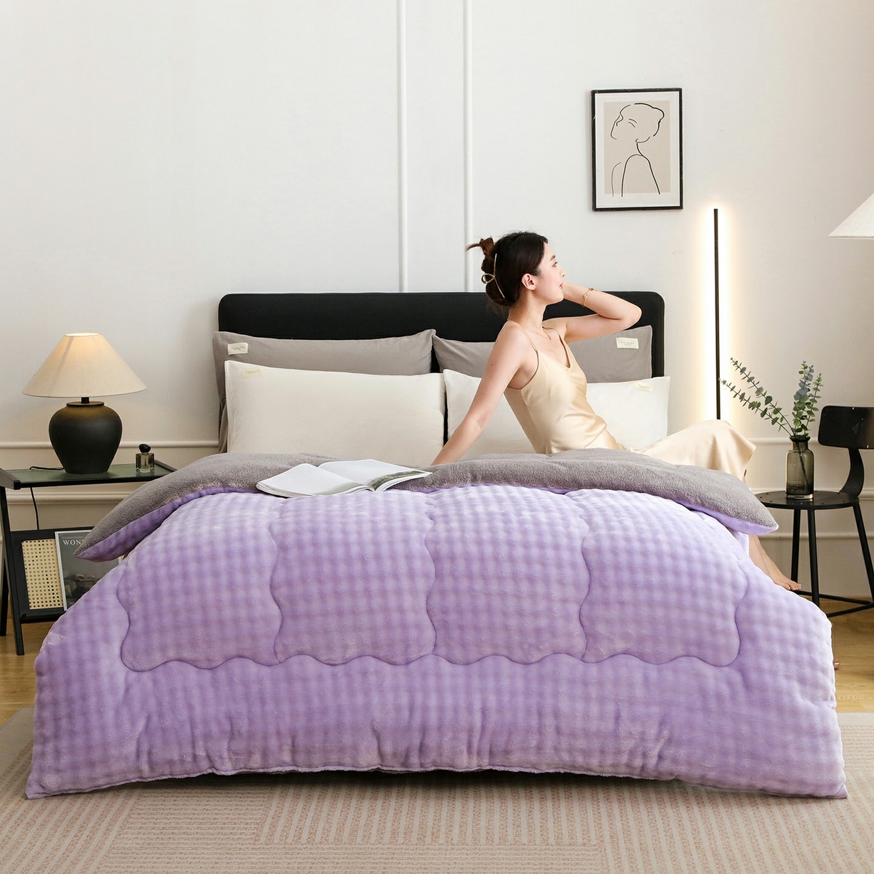 91家纺网 家纺一手货源 找家纺 爱微坊 2025新款兔毛牛奶绒加厚保暖冬被子被芯 加厚兔毛牛奶绒-紫拼灰