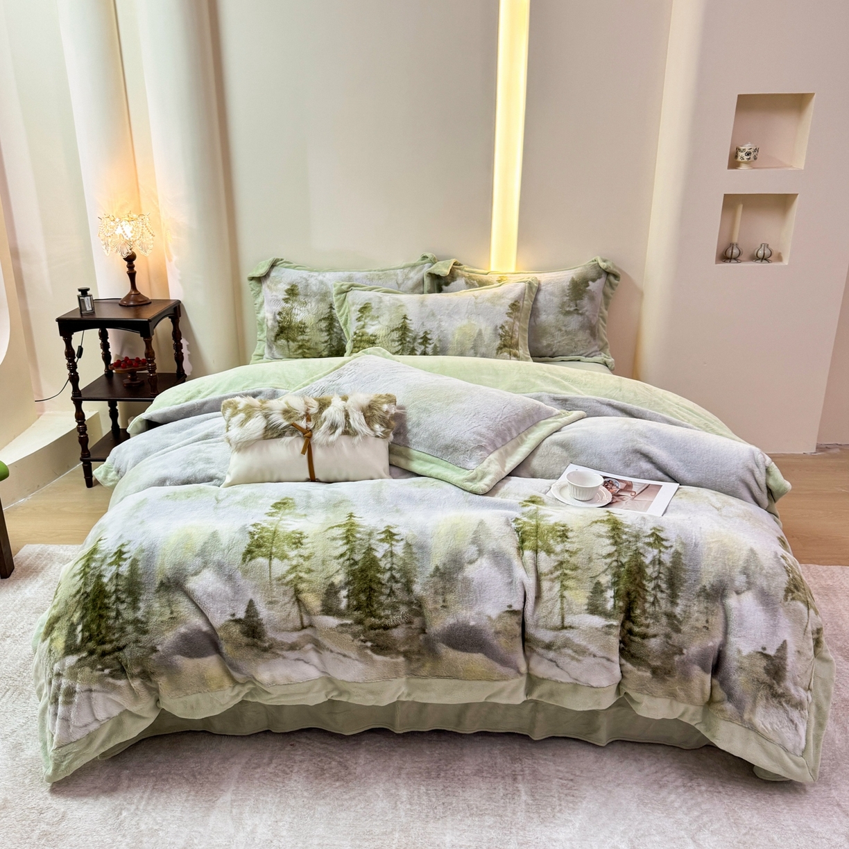 91家纺网 家纺一手货源 找家纺 优姿家纺 2025新款380克11斤兔毛绒印花四件套 秘境-茶绿