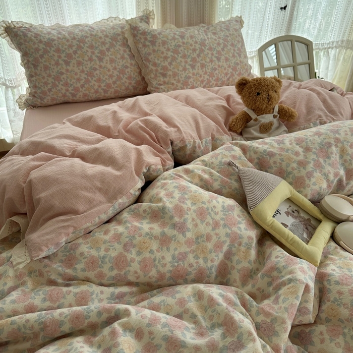 91家纺网 家纺一手货源 找家纺 （总）红嘴企鹅 2025新款花边双层纱印花四件套