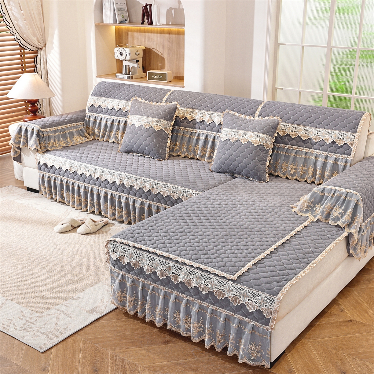 91家纺网 家纺一手货源 找家纺 共鸣沙发垫 2025新款繁花沙发垫 繁花灰色