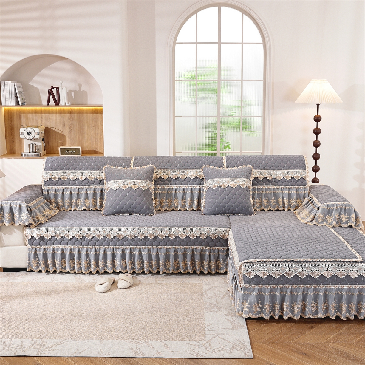 91家纺网 家纺一手货源 找家纺 共鸣沙发垫 2025新款繁花沙发垫 繁花灰色