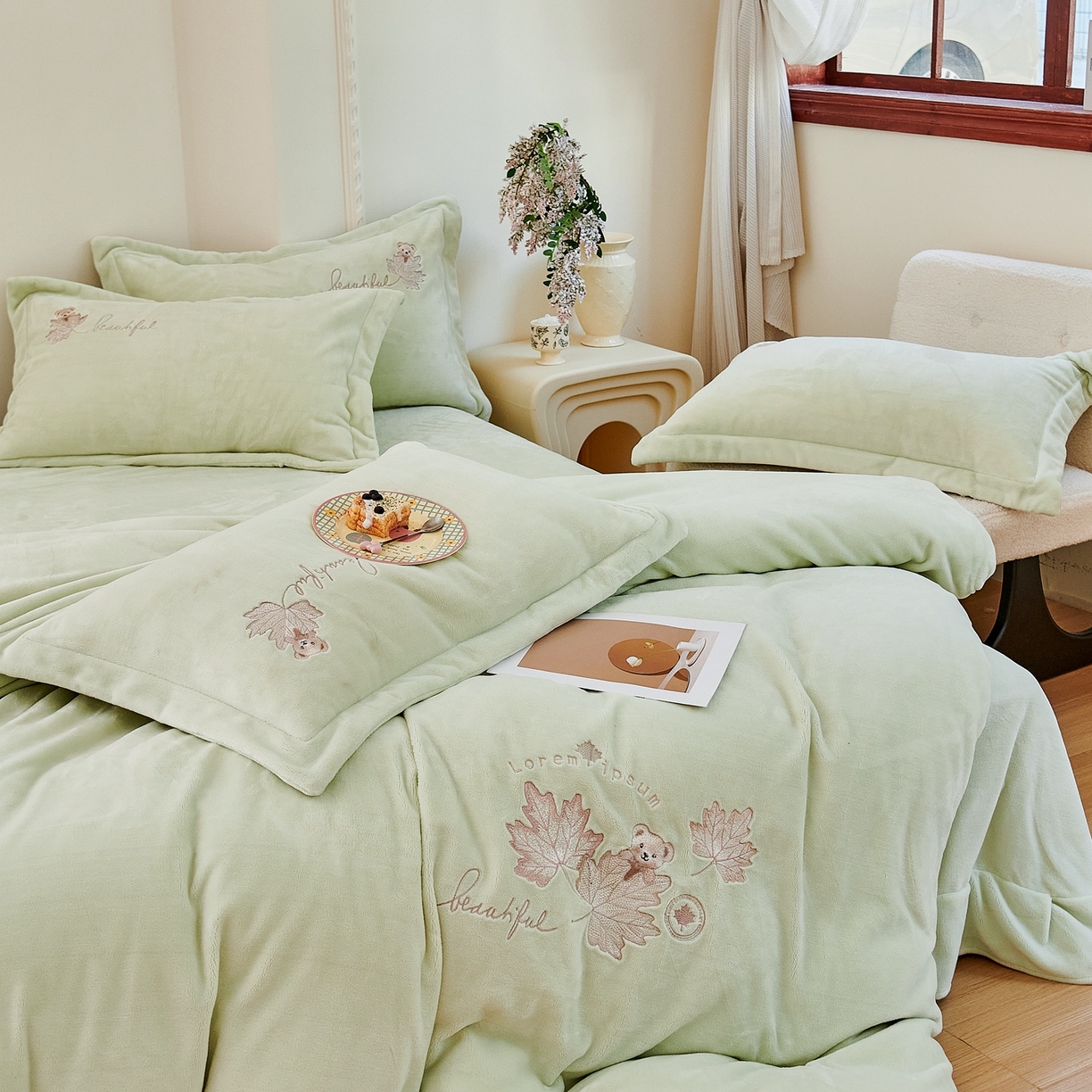 91家纺网 家纺一手货源 找家纺 优姿家纺 2025新款秋意10斤全消光牛奶绒保暖四件套 秋意-抹茶绿