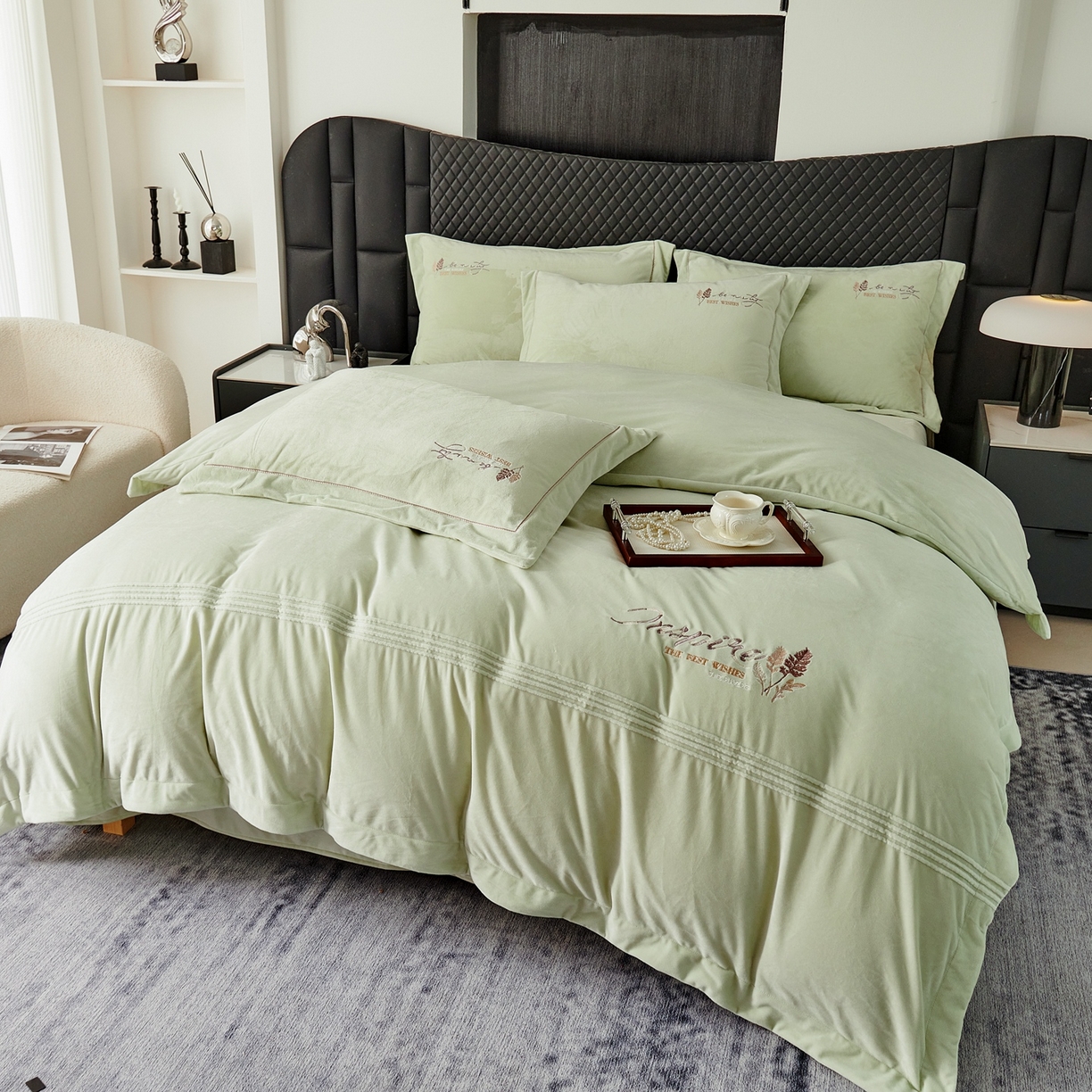 91家纺网 家纺一手货源 找家纺 优姿家纺 2025新款冬野9斤全消光婴肤绒保暖四件套 冬野-青春绿