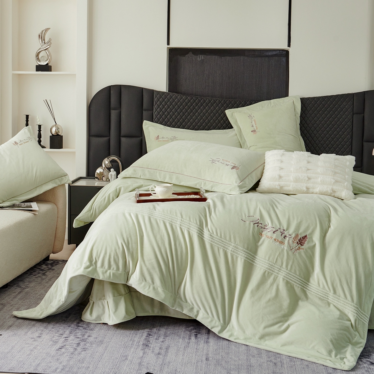 91家纺网 家纺一手货源 找家纺 优姿家纺 2025新款冬野9斤全消光婴肤绒保暖四件套 冬野-青春绿