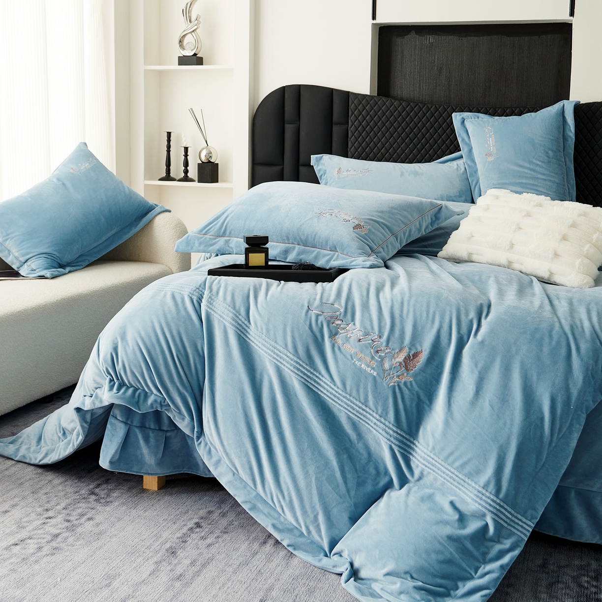 91家纺网 家纺一手货源 找家纺 优姿家纺 2025新款冬野9斤全消光婴肤绒保暖四件套 冬野-雾霾蓝