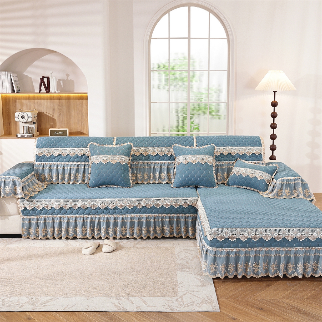 91家纺网 家纺一手货源 找家纺 共鸣沙发垫 2025新款繁花沙发垫 繁花蓝色