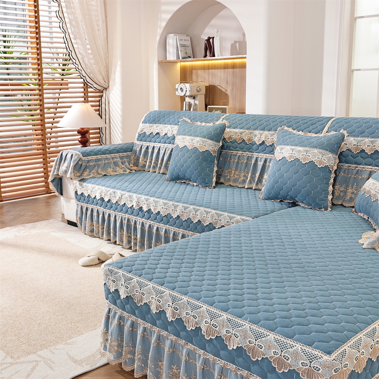 91家纺网 家纺一手货源 找家纺 共鸣沙发垫 2025新款繁花沙发垫 繁花蓝色