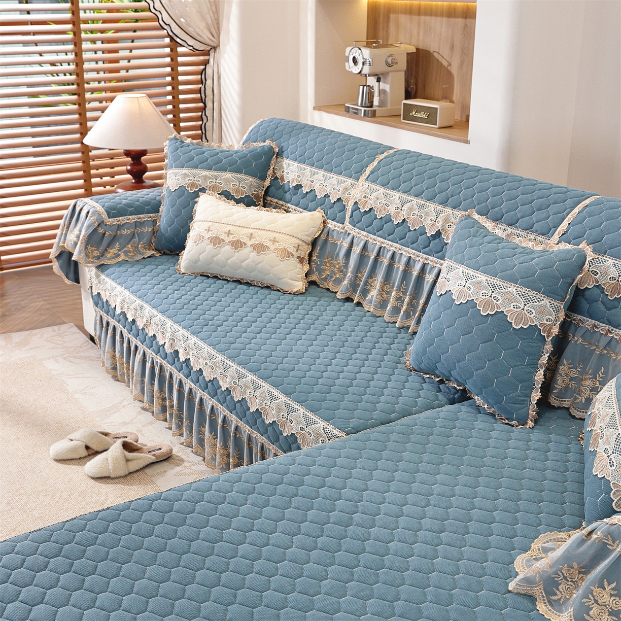 91家纺网 家纺一手货源 找家纺 共鸣沙发垫 2025新款繁花沙发垫 繁花蓝色