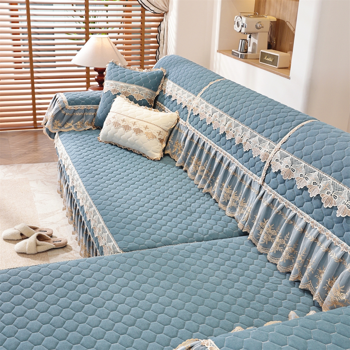 91家纺网 家纺一手货源 找家纺 共鸣沙发垫 2025新款繁花沙发垫 繁花蓝色