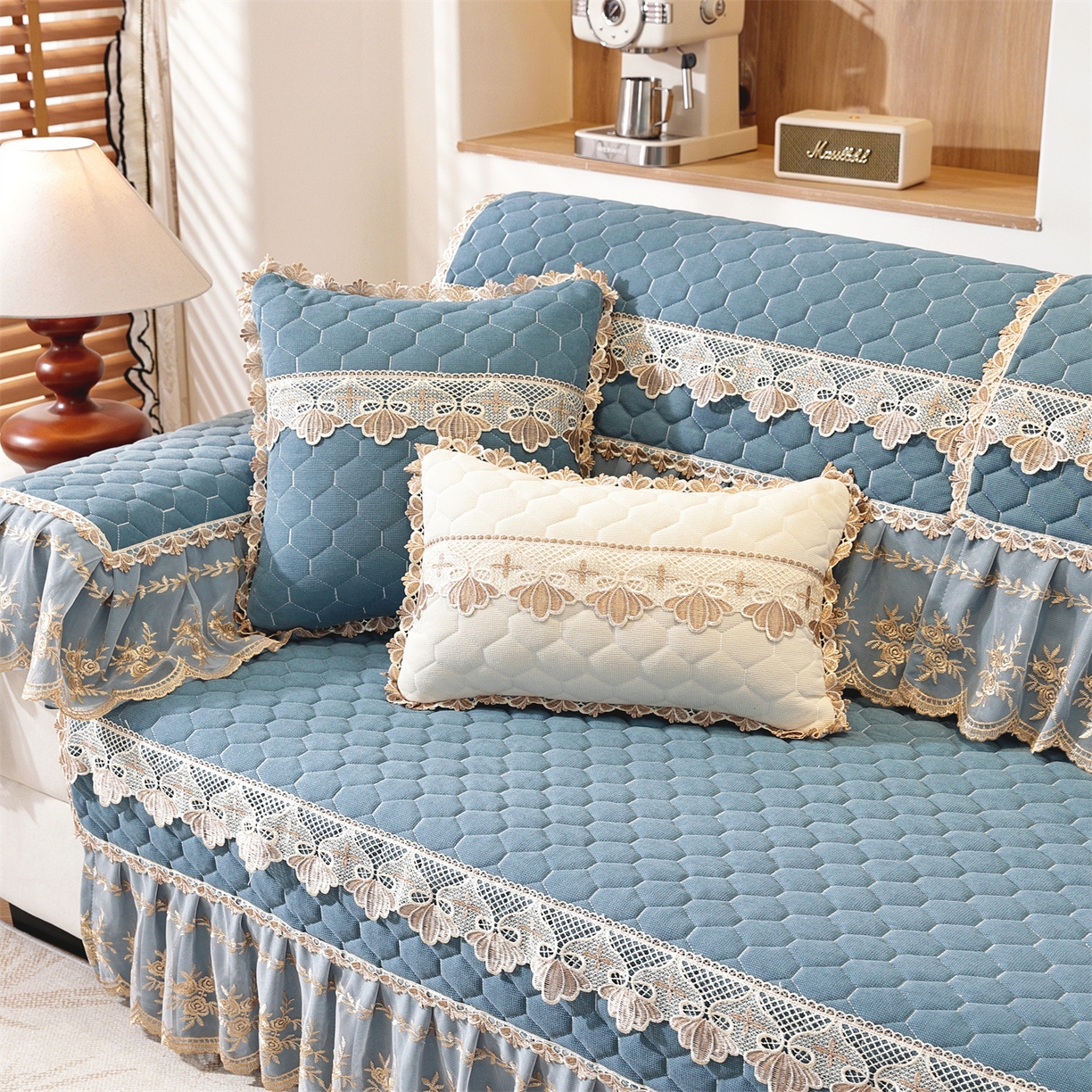 91家纺网 家纺一手货源 找家纺 共鸣沙发垫 2025新款繁花沙发垫 繁花蓝色