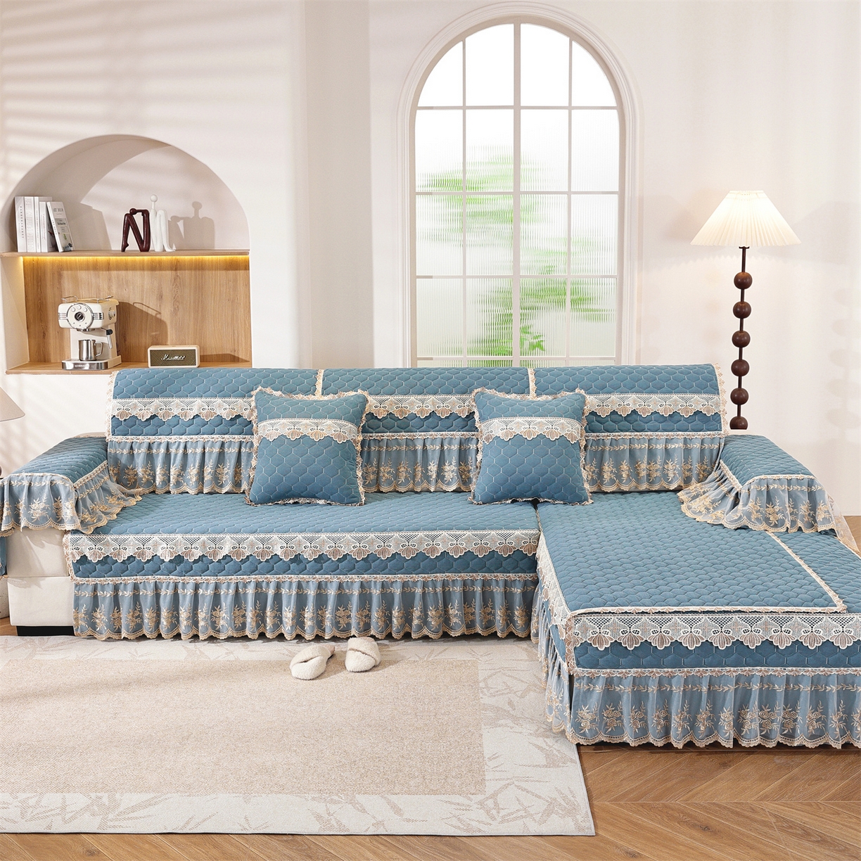 91家纺网 家纺一手货源 找家纺 共鸣沙发垫 2025新款繁花沙发垫 繁花蓝色