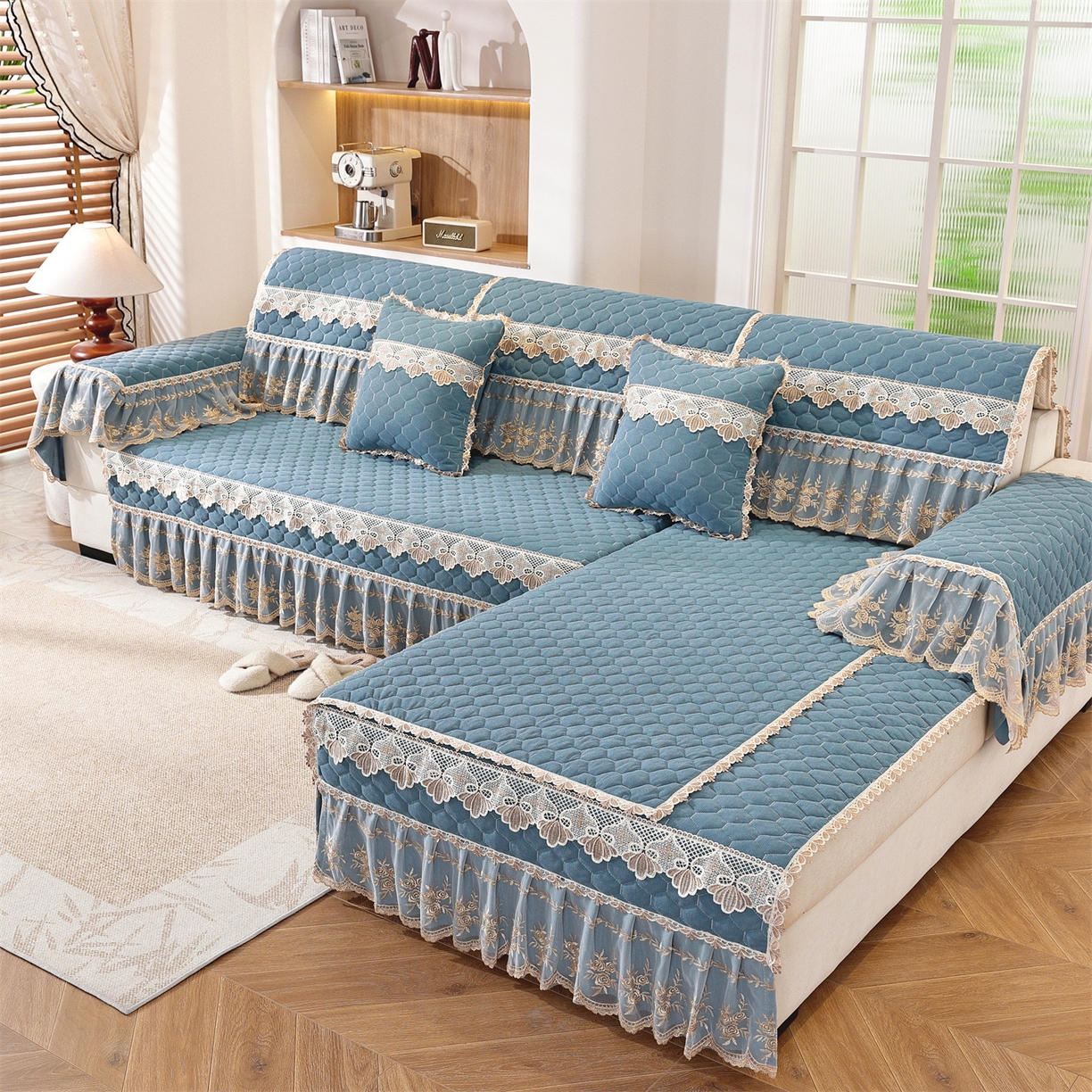 91家纺网 家纺一手货源 找家纺 共鸣沙发垫 2025新款繁花沙发垫 繁花蓝色