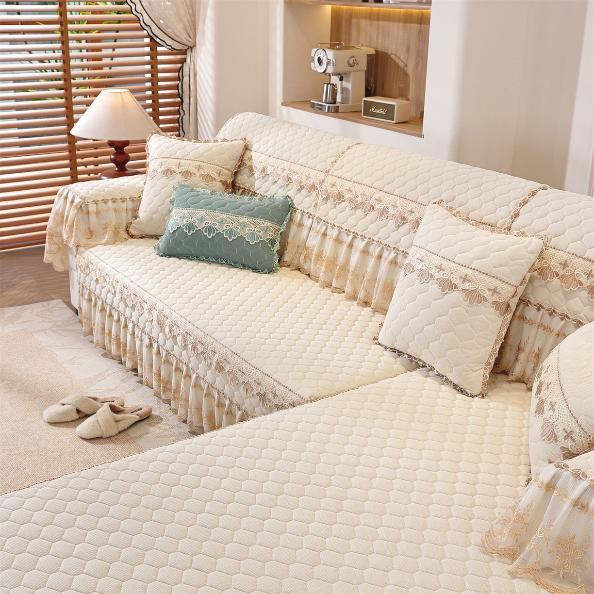 91家纺网 家纺一手货源 找家纺 共鸣沙发垫 2025新款繁花沙发垫 繁花米色