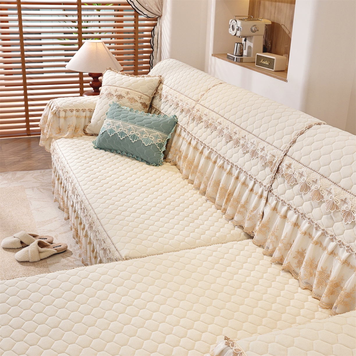 91家纺网 家纺一手货源 找家纺 共鸣沙发垫 2025新款繁花沙发垫 繁花米色