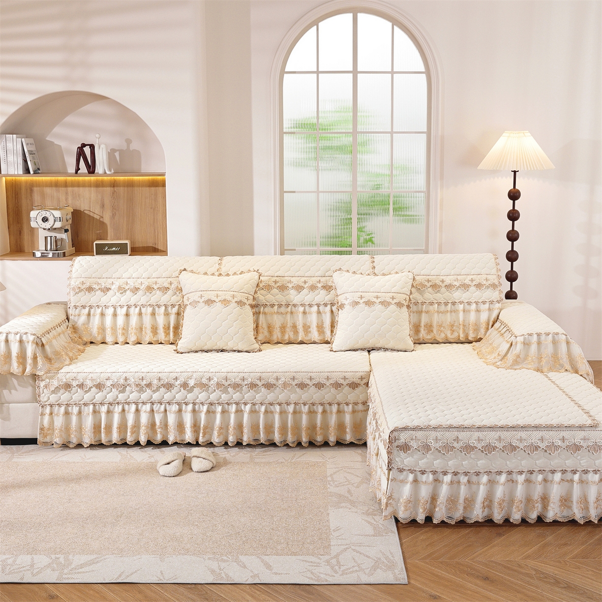 91家纺网 家纺一手货源 找家纺 共鸣沙发垫 2025新款繁花沙发垫 繁花米色