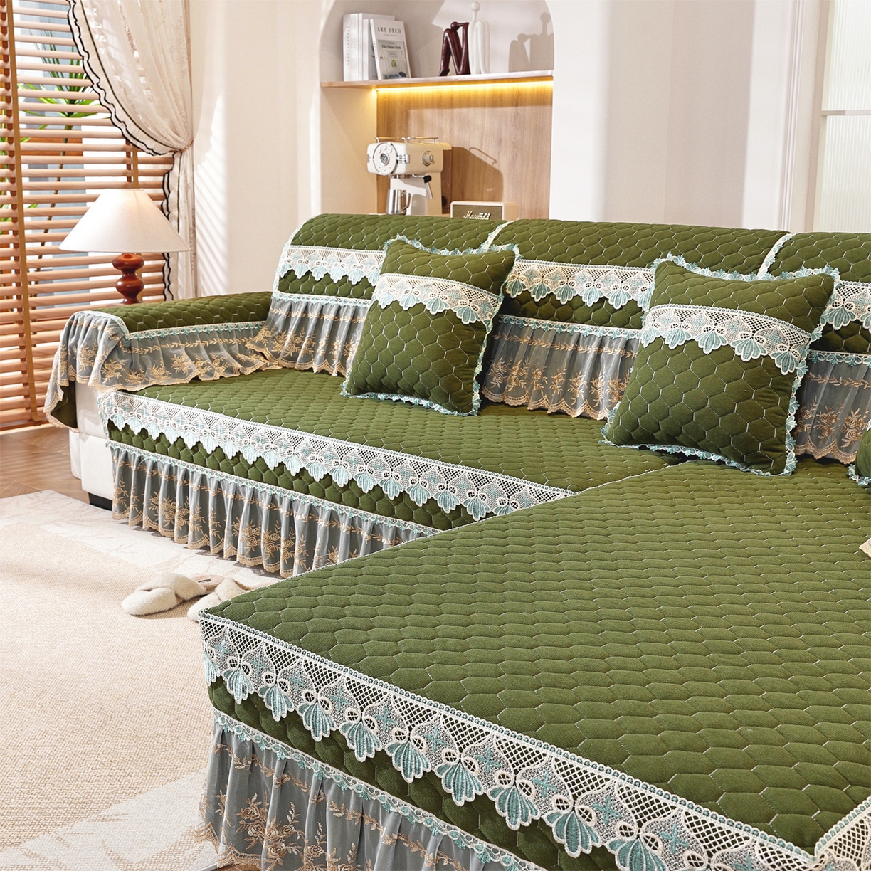 91家纺网 家纺一手货源 找家纺 共鸣沙发垫 2025新款繁花沙发垫 繁花抹茶色