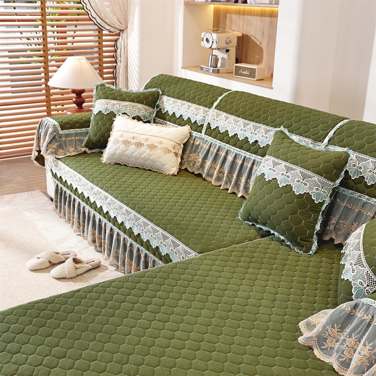 91家纺网 家纺一手货源 找家纺 共鸣沙发垫 2025新款繁花沙发垫 繁花抹茶色