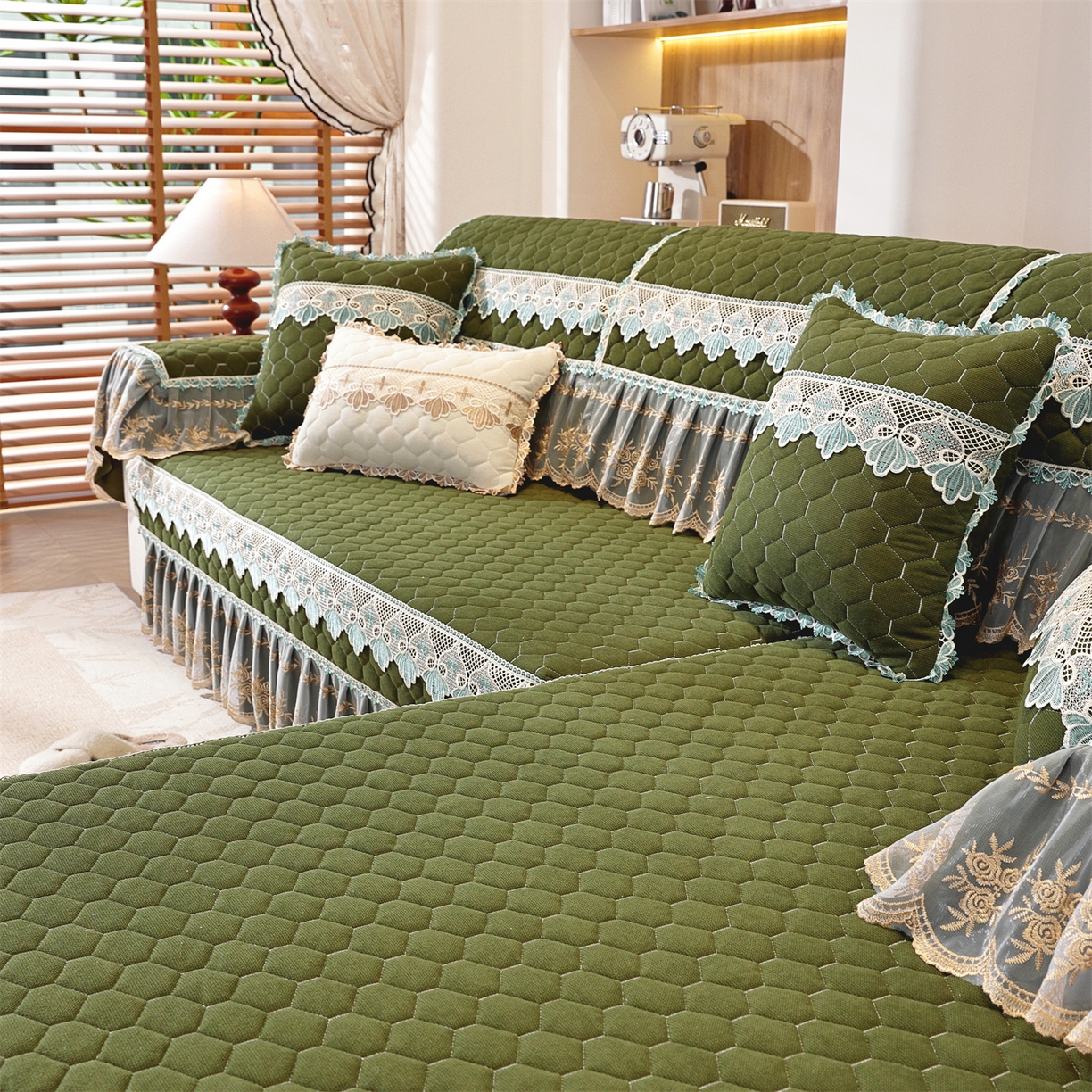 91家纺网 家纺一手货源 找家纺 共鸣沙发垫 2025新款繁花沙发垫 繁花抹茶色