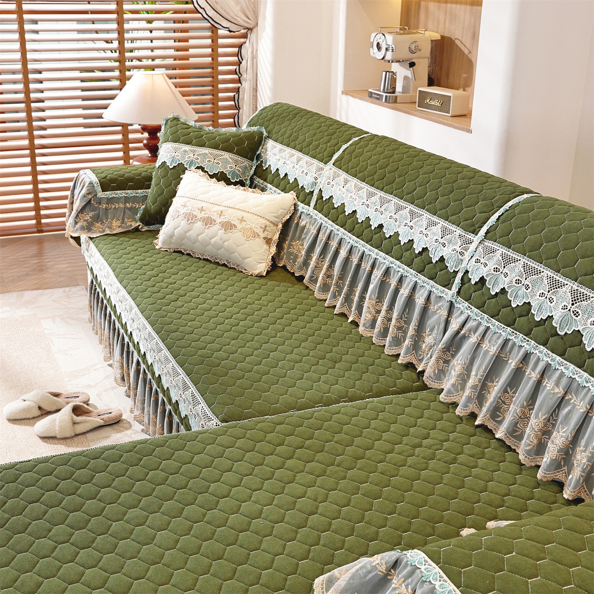 91家纺网 家纺一手货源 找家纺 共鸣沙发垫 2025新款繁花沙发垫 繁花抹茶色