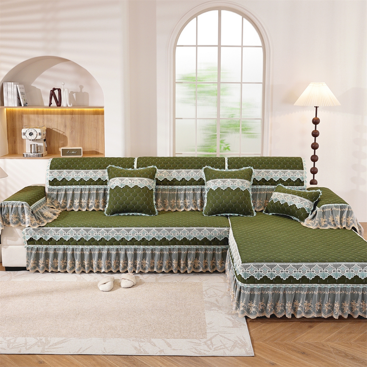 91家纺网 家纺一手货源 找家纺 共鸣沙发垫 2025新款繁花沙发垫 繁花抹茶色