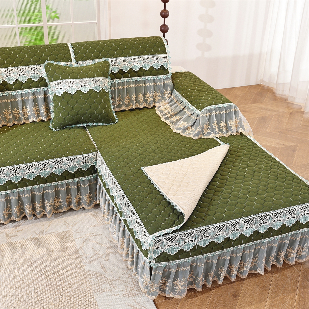 91家纺网 家纺一手货源 找家纺 共鸣沙发垫 2025新款繁花沙发垫 繁花抹茶色