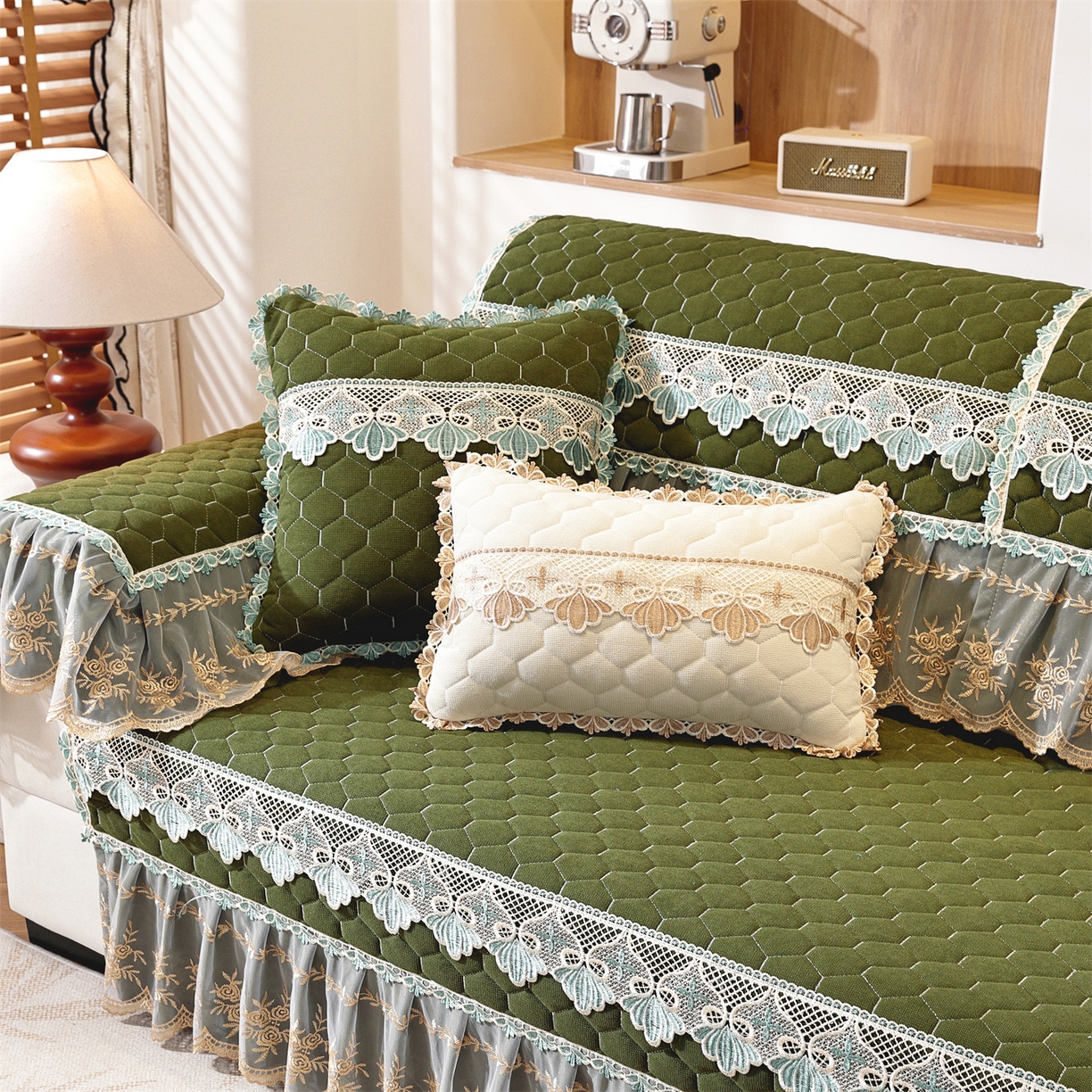 91家纺网 家纺一手货源 找家纺 共鸣沙发垫 2025新款繁花沙发垫 繁花抹茶色