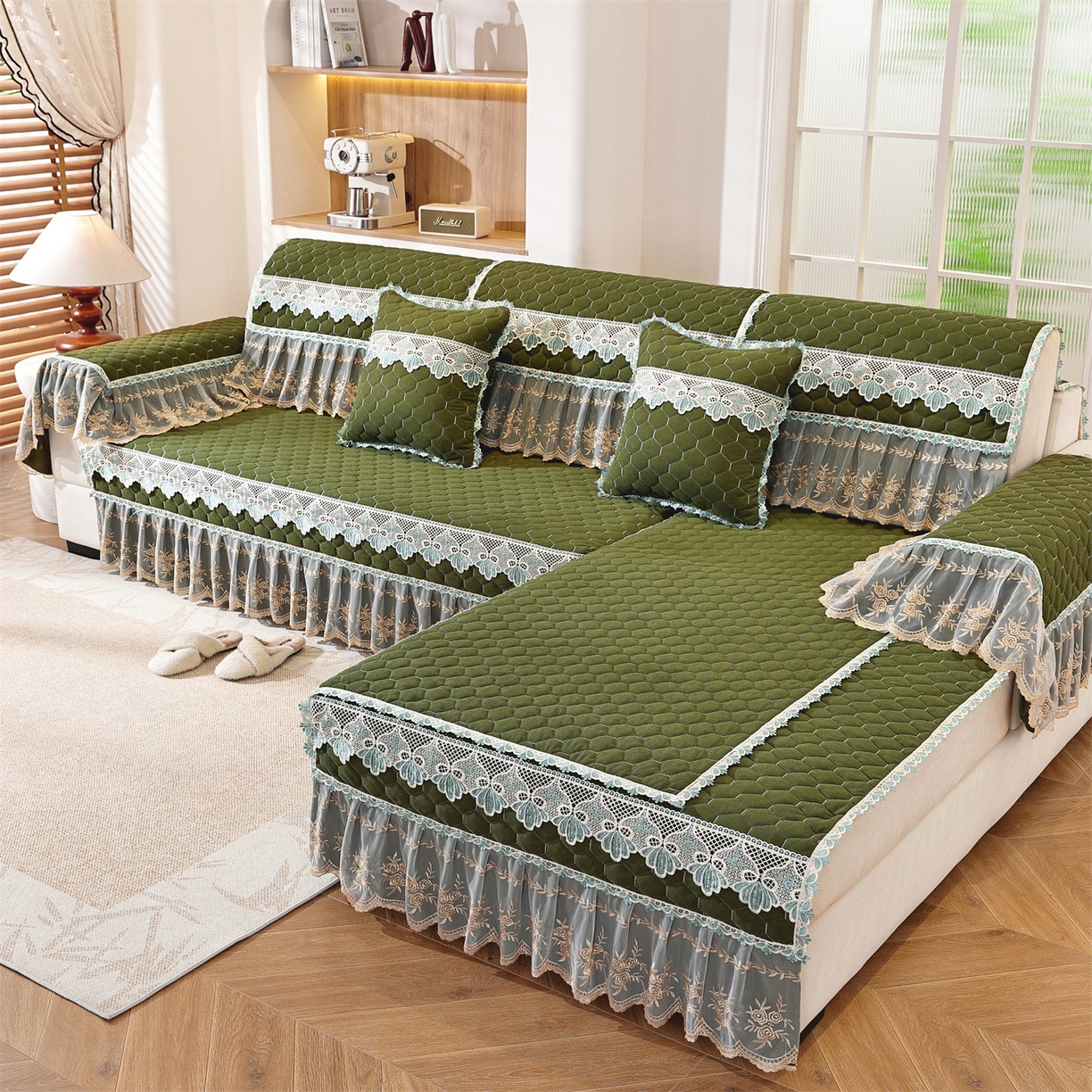 91家纺网 家纺一手货源 找家纺 共鸣沙发垫 2025新款繁花沙发垫 繁花抹茶色