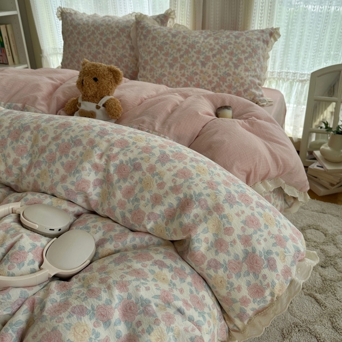 91家纺网 家纺一手货源 找家纺 红嘴企鹅 2025新款花边双层纱印花四件套 繁花