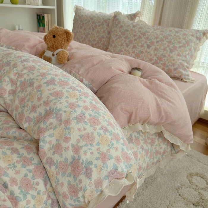 91家纺网 家纺一手货源 找家纺 红嘴企鹅 2025新款花边双层纱印花四件套 繁花