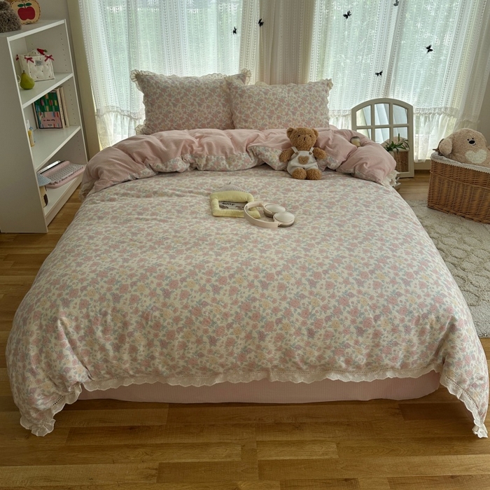 91家纺网 家纺一手货源 找家纺 红嘴企鹅 2025新款花边双层纱印花四件套 繁花