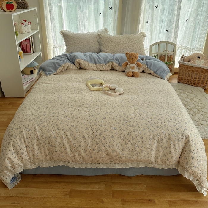 91家纺网 家纺一手货源 找家纺 红嘴企鹅 2025新款花边双层纱印花四件套 花园