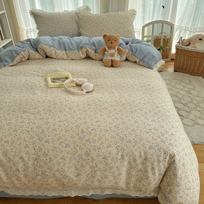 91家纺网 家纺一手货源 找家纺 红嘴企鹅 2025新款花边双层纱印花四件套 花园