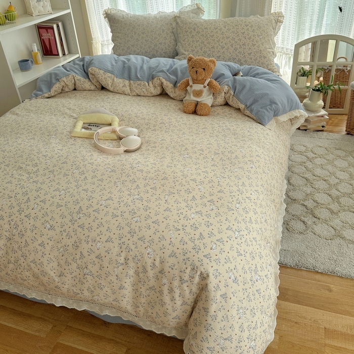 91家纺网 家纺一手货源 找家纺 红嘴企鹅 2025新款花边双层纱印花四件套 花园