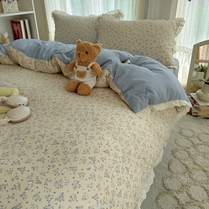 91家纺网 家纺一手货源 找家纺 红嘴企鹅 2025新款花边双层纱印花四件套 花园