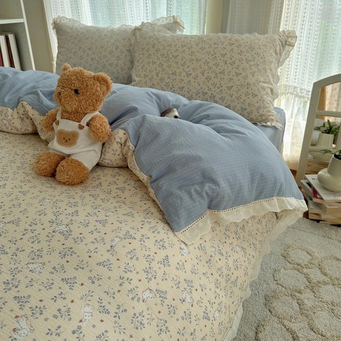 91家纺网 家纺一手货源 找家纺 红嘴企鹅 2025新款花边双层纱印花四件套 花园