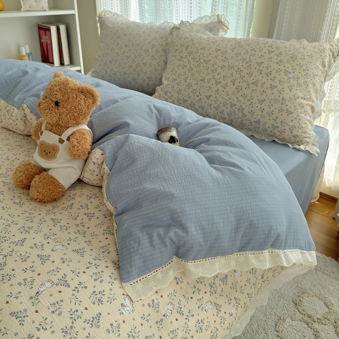 91家纺网 家纺一手货源 找家纺 红嘴企鹅 2025新款花边双层纱印花四件套 花园