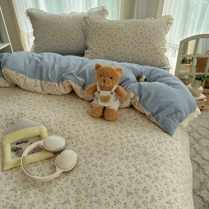 91家纺网 家纺一手货源 找家纺 红嘴企鹅 2025新款花边双层纱印花四件套 花园