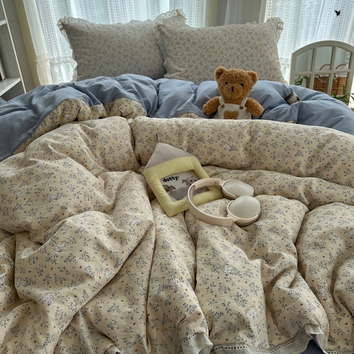 91家纺网 家纺一手货源 找家纺 红嘴企鹅 2025新款花边双层纱印花四件套 花园